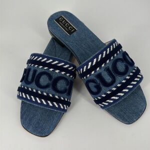 Gucci 36.5 Denim Jean Jane Logo Blue Stripe Slides Sandals E950
